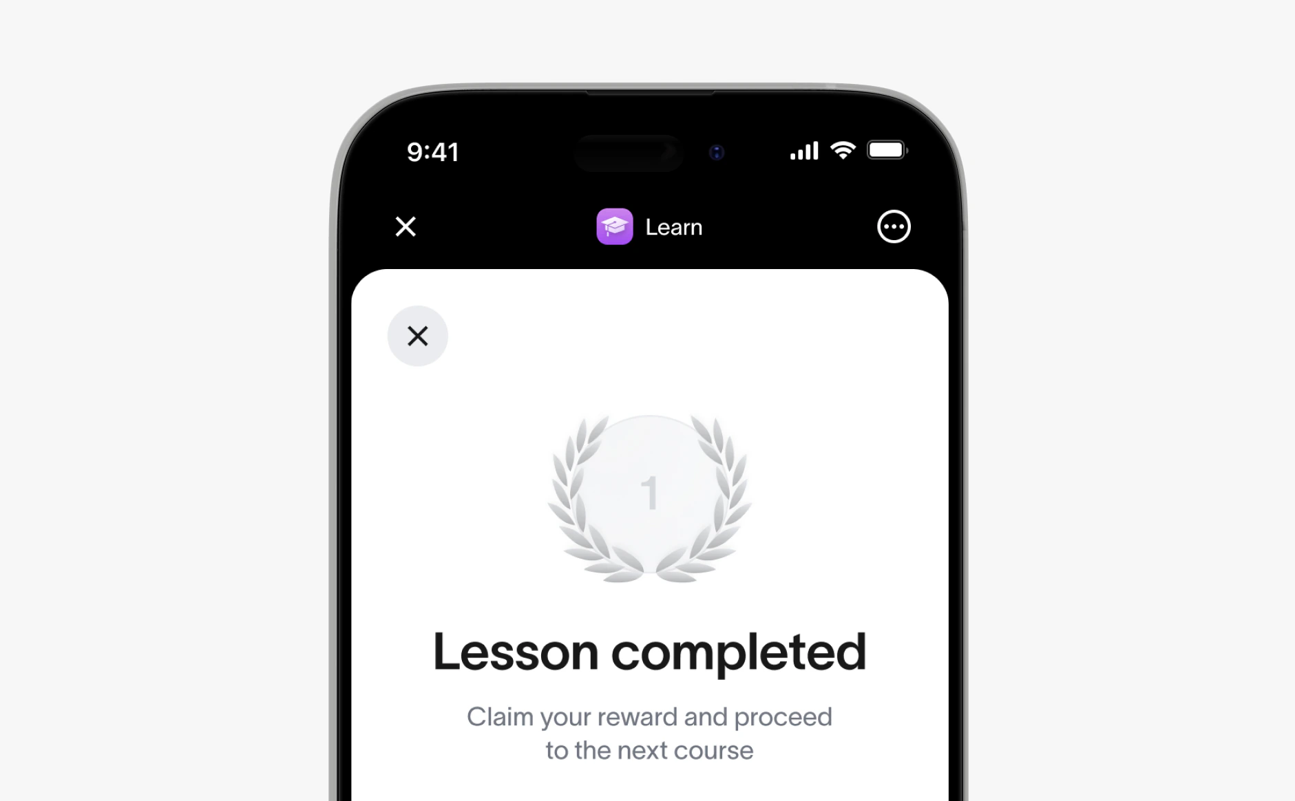 Learn lesson completed screen with a reward to claim