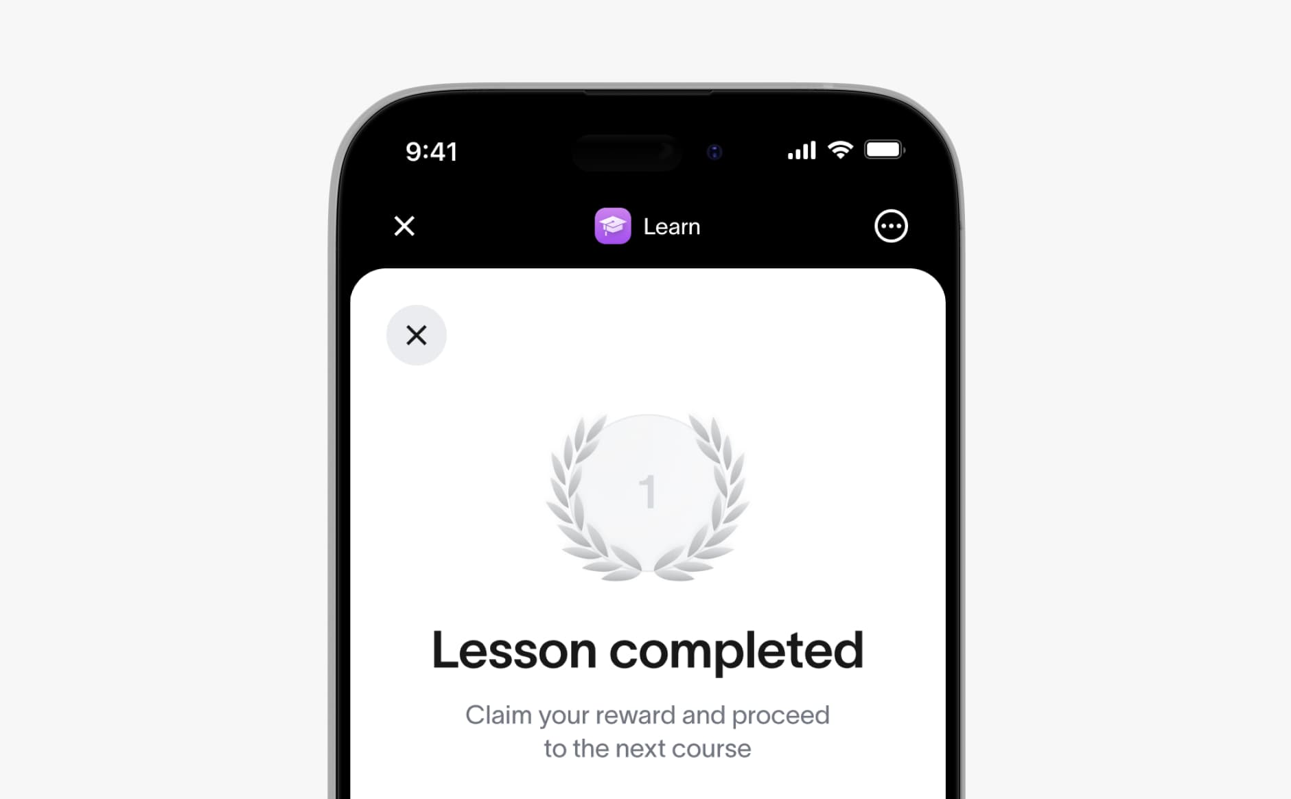 Learn lesson completed screen with a reward to claim