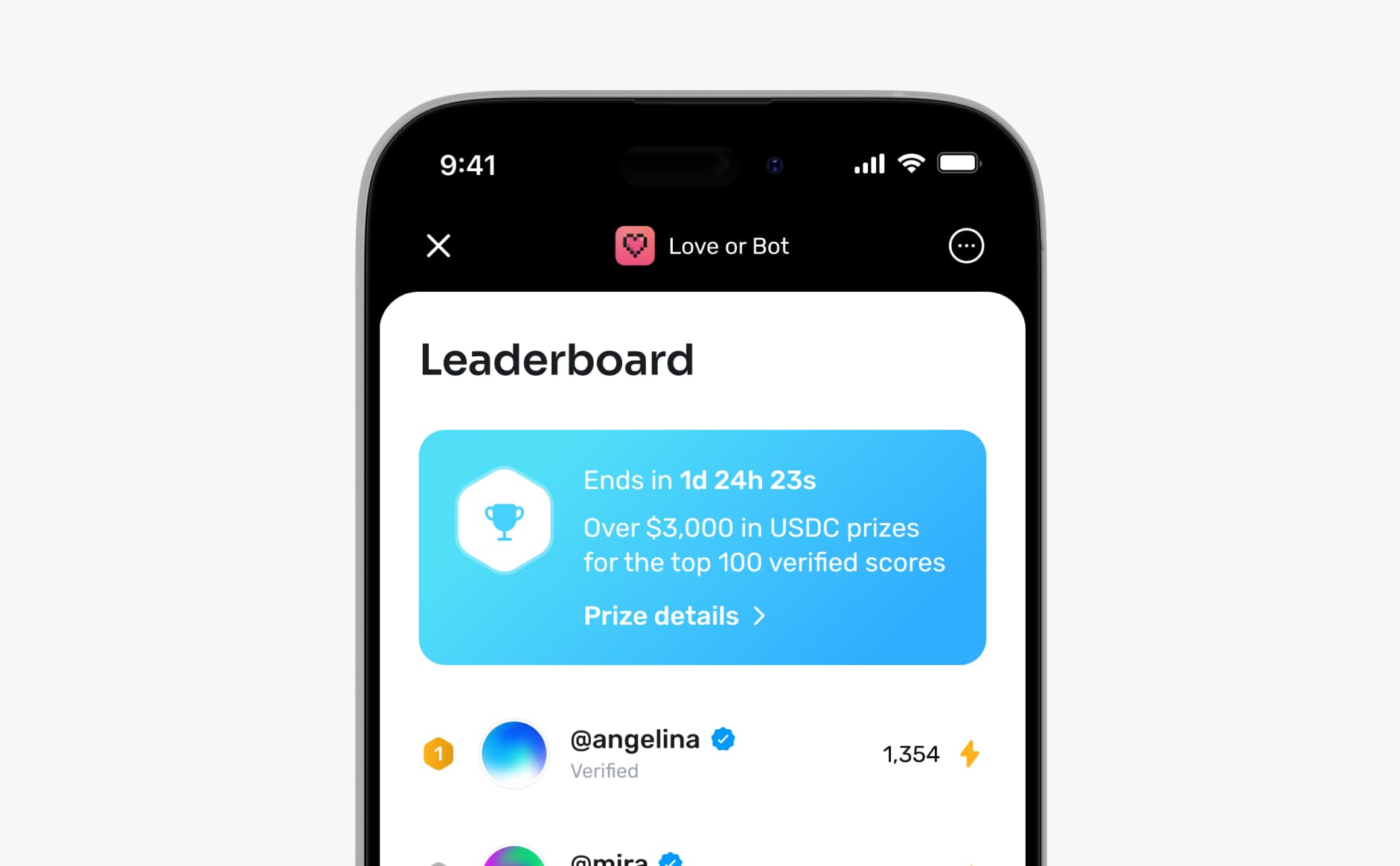 Love or Bot leaderboard and prizes for verified humans.