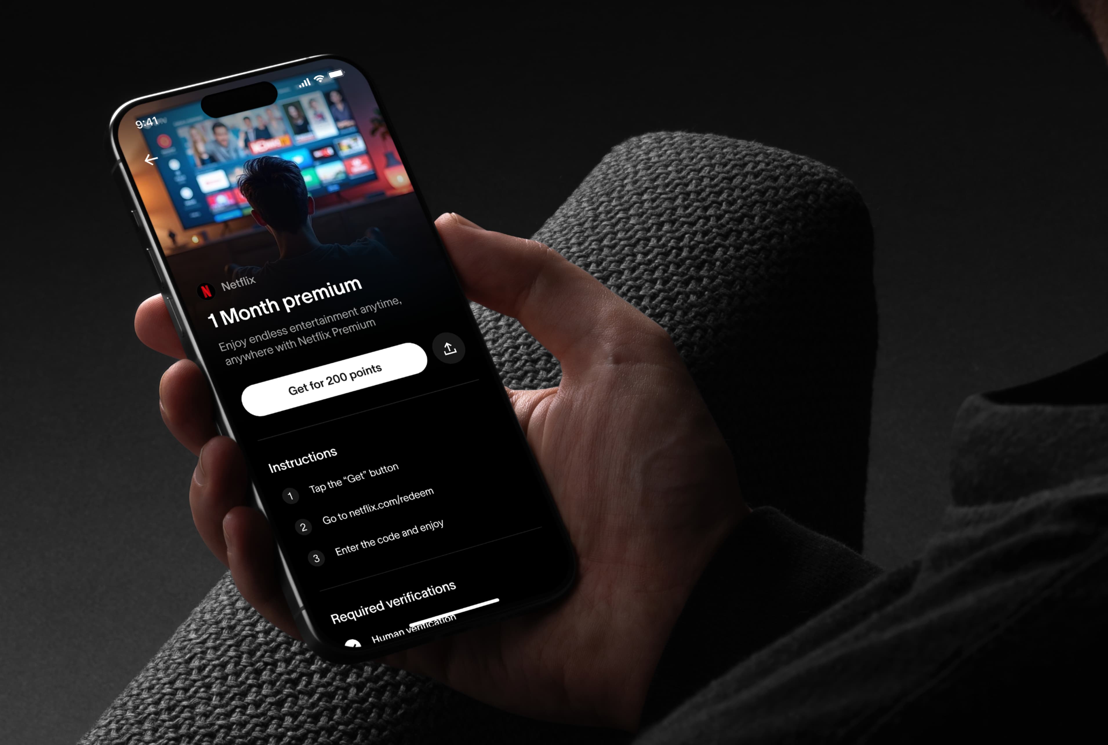 Redeeming a Netflix Premium reward in World App, shown on a phone held in hand