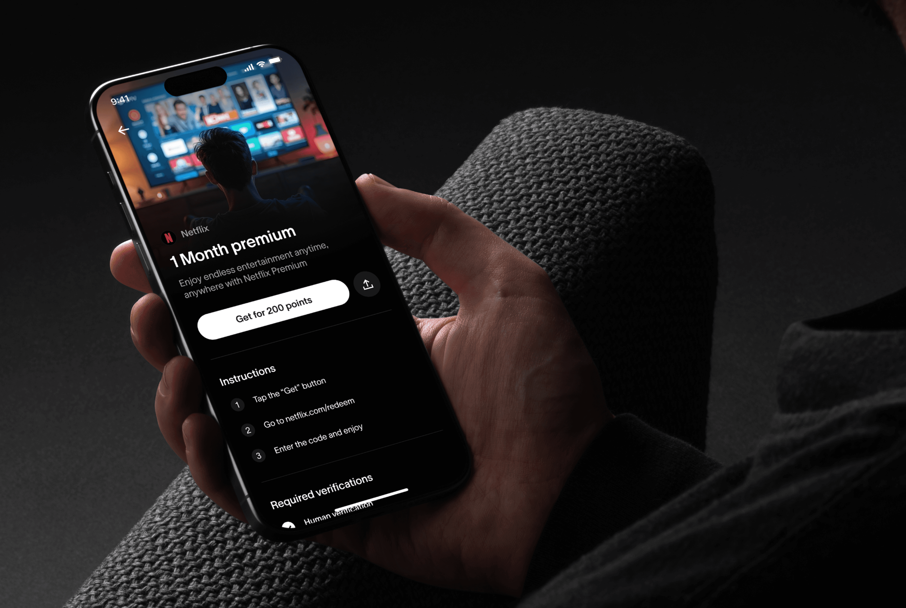 Redeeming a Netflix Premium reward in World App, shown on a phone held in hand