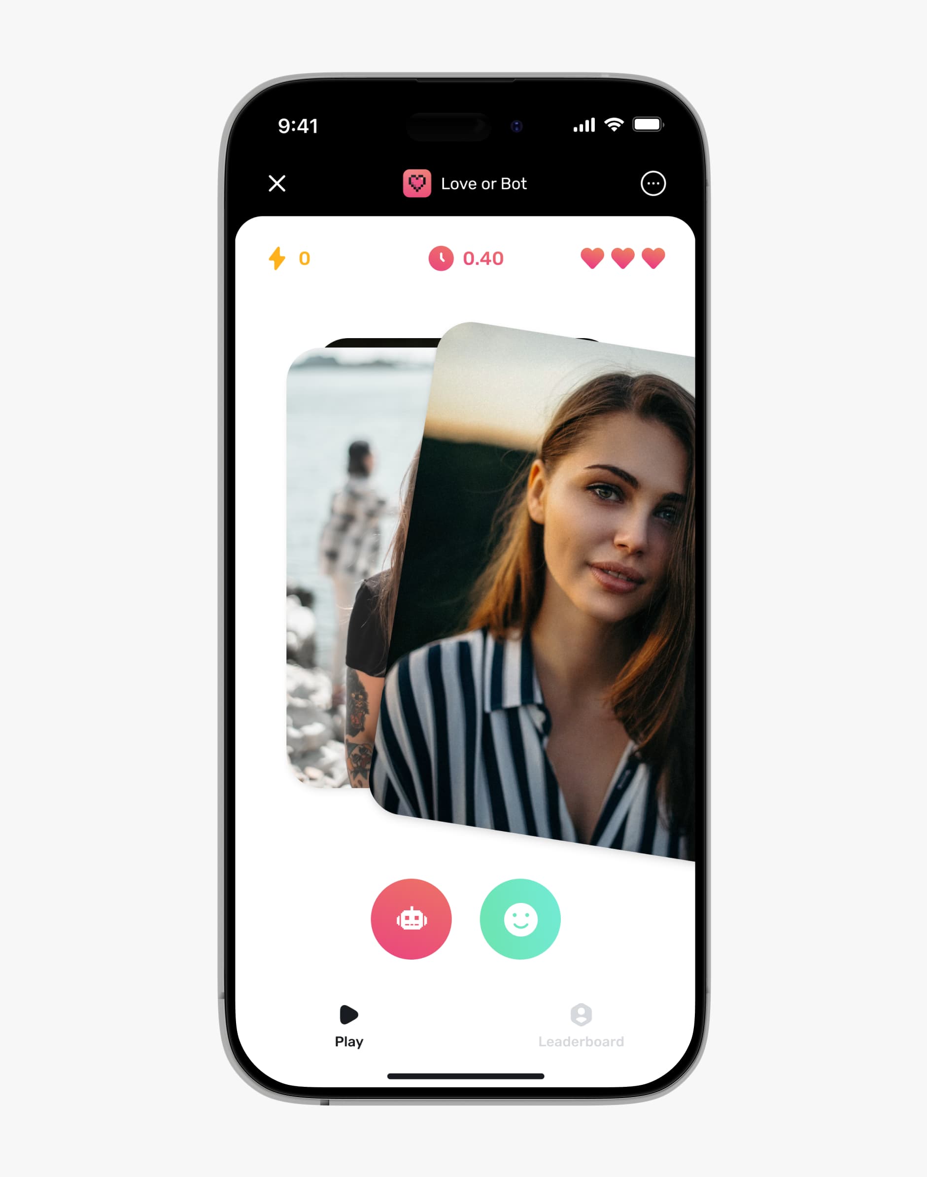 Love or Bot swipe game: choose whether a profile is human or AI.