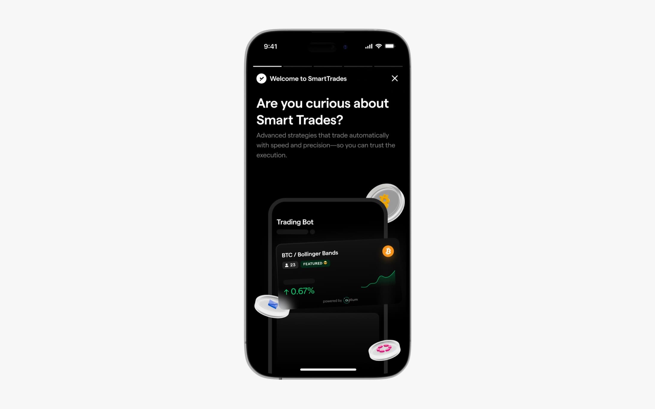 Smart Trades onboarding introducing automated strategies