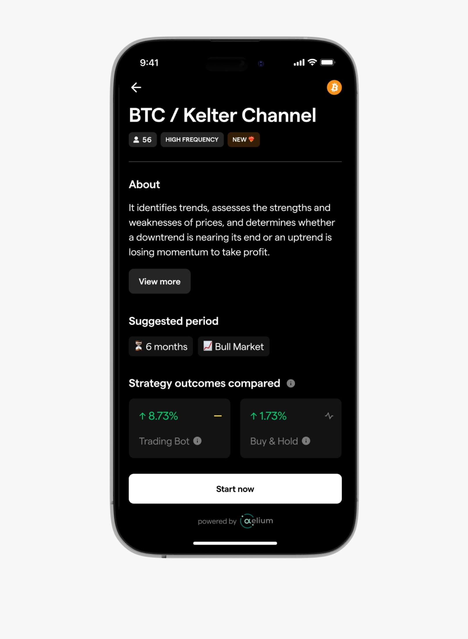 BTC / Kelter Channel strategy detail screen