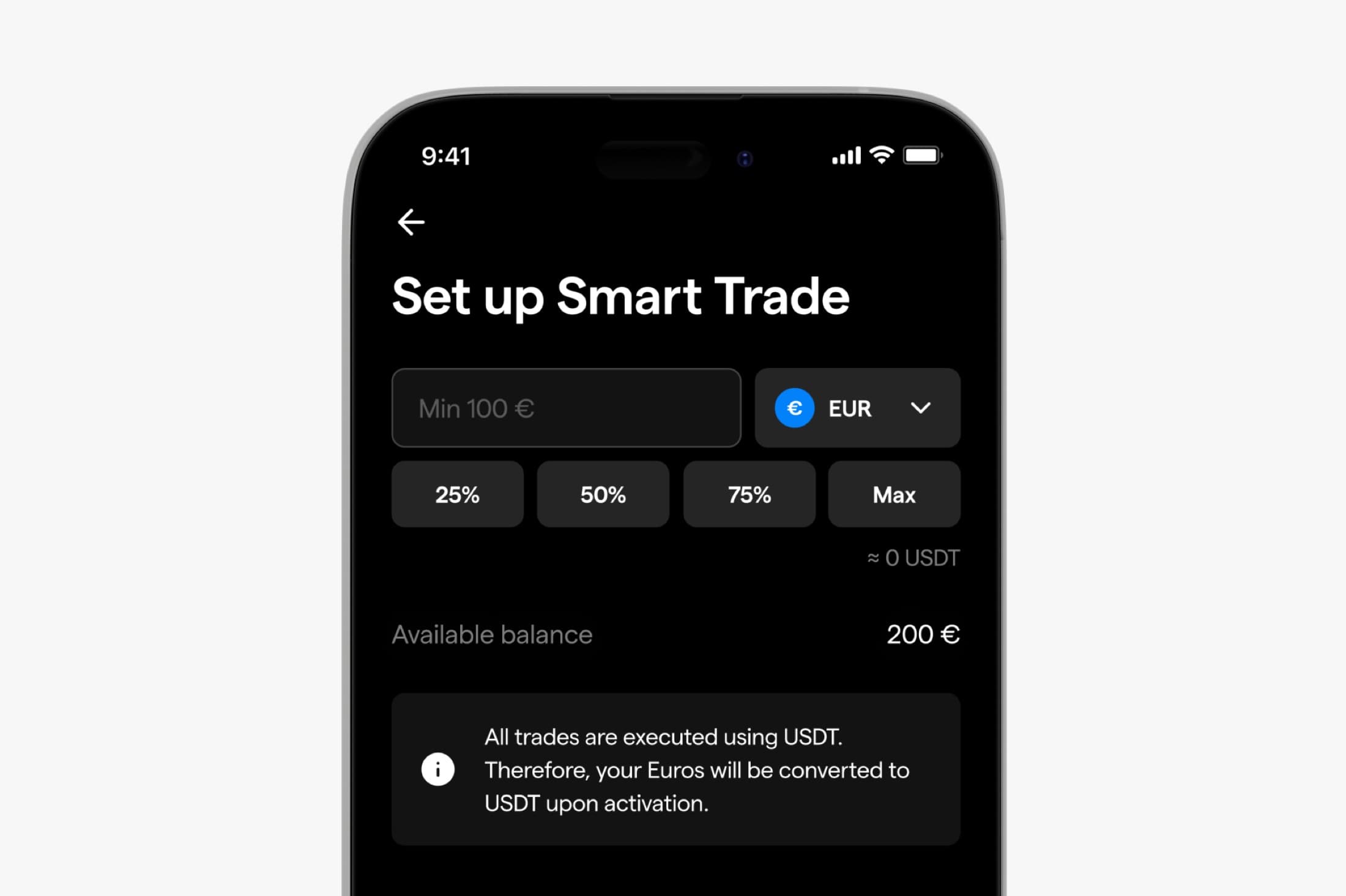 Setting up a Smart Trade — amount, currency, and balance