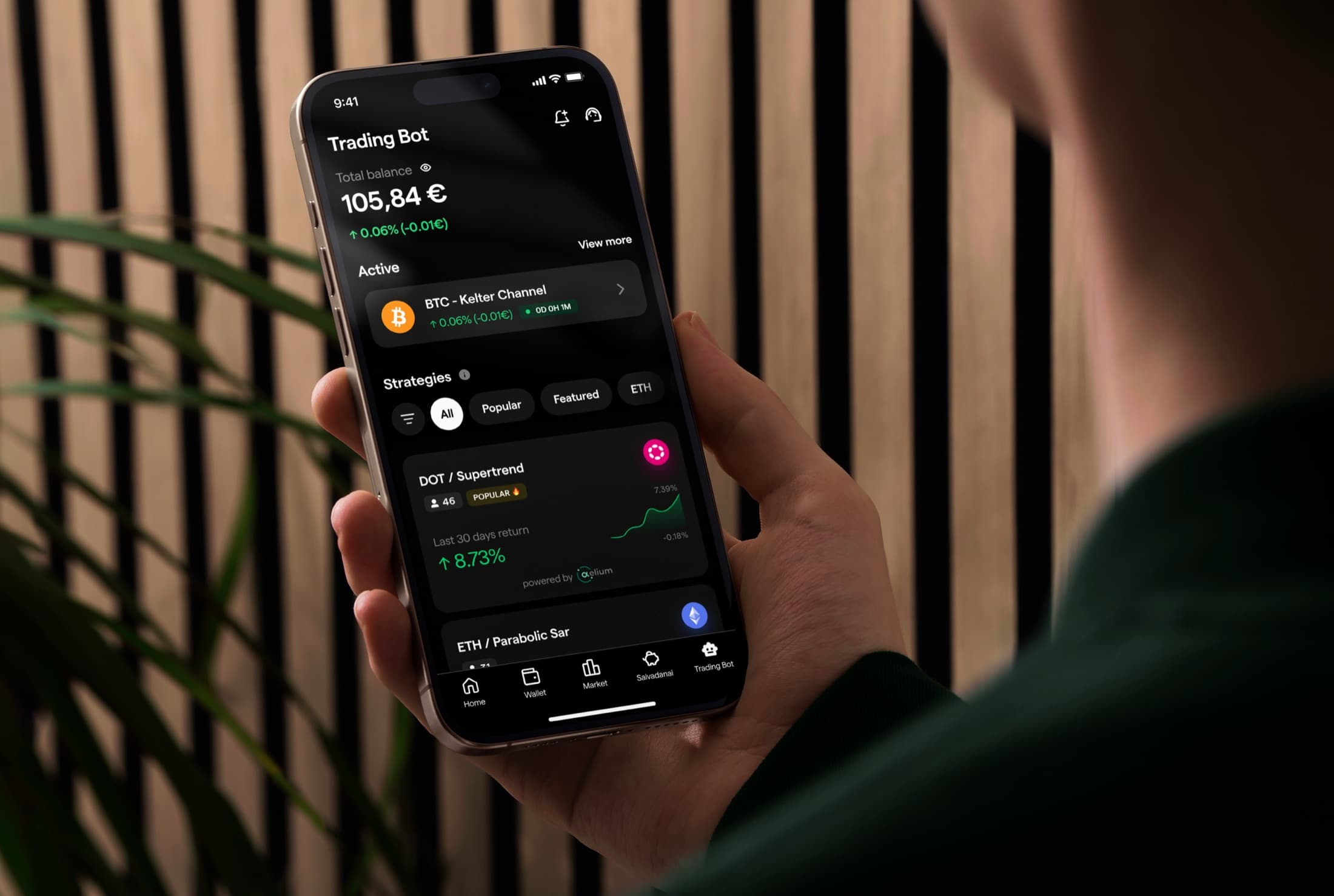 The Trading Bot dashboard with an active strategy, in hand